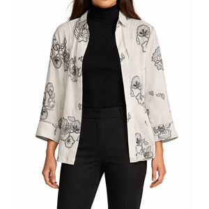 Coldwater Creek 100% Linen Open Front Top White Embroidered Floral Plus Size 2X